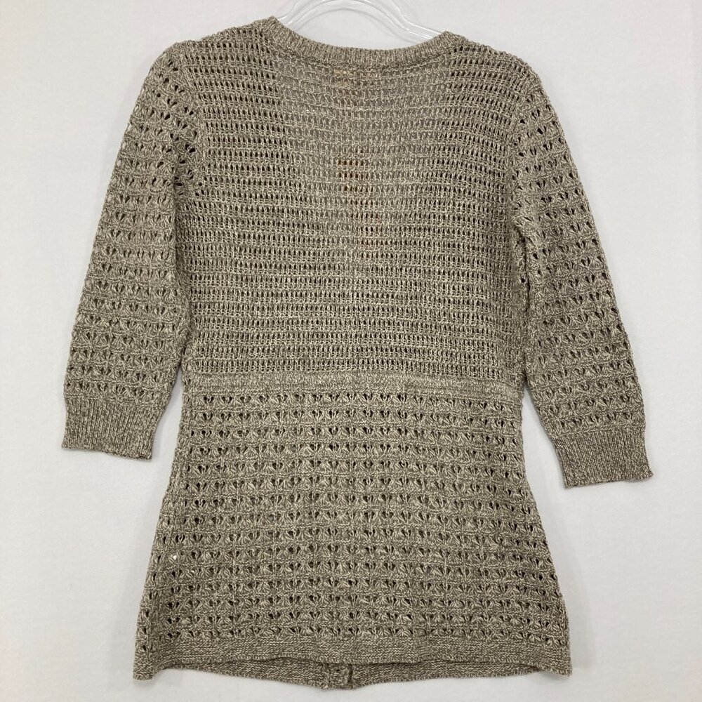 New DKNY size Small‎ Gray Crochet Boho Open Knit 3/4 Sleeve Button Cardigan - Picture 9 of 10